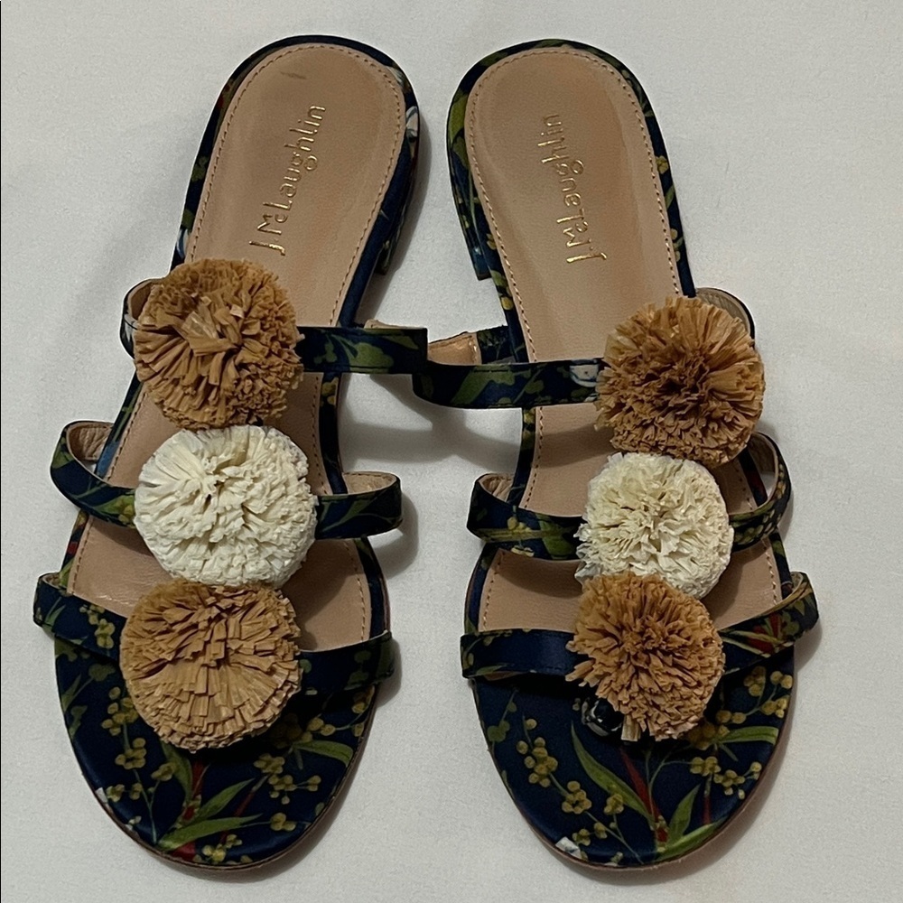 J. McLaughlin Mandy Midnight Floral Pom Pom Sandals